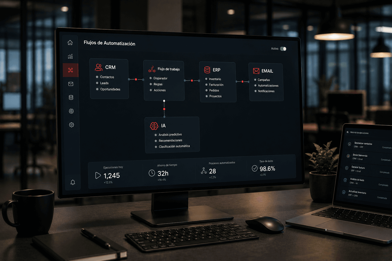 Paneles de automatización empresarial y flujos operativos conectados.