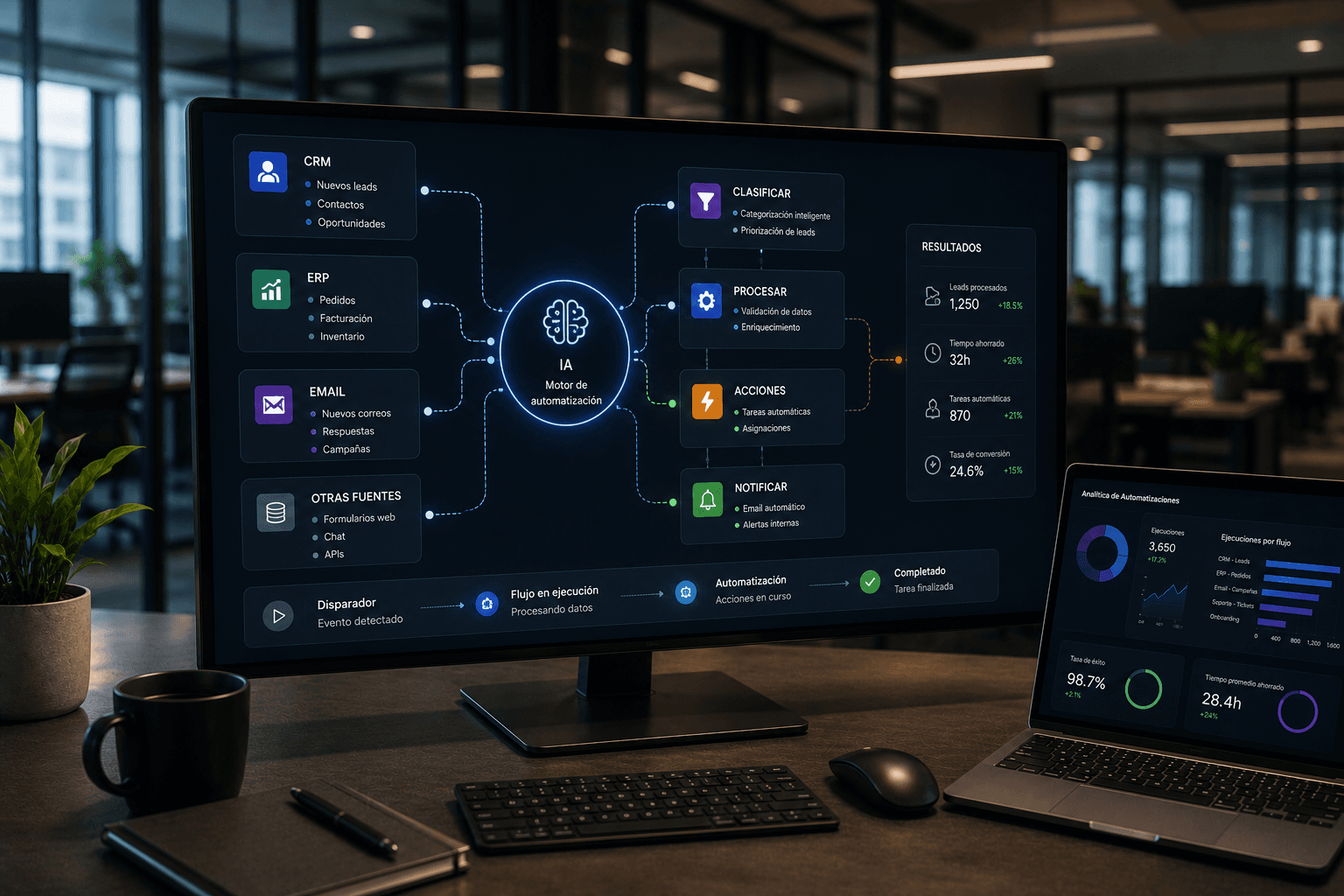 Flujos de automatización, conexiones entre sistemas y monitorización de procesos.