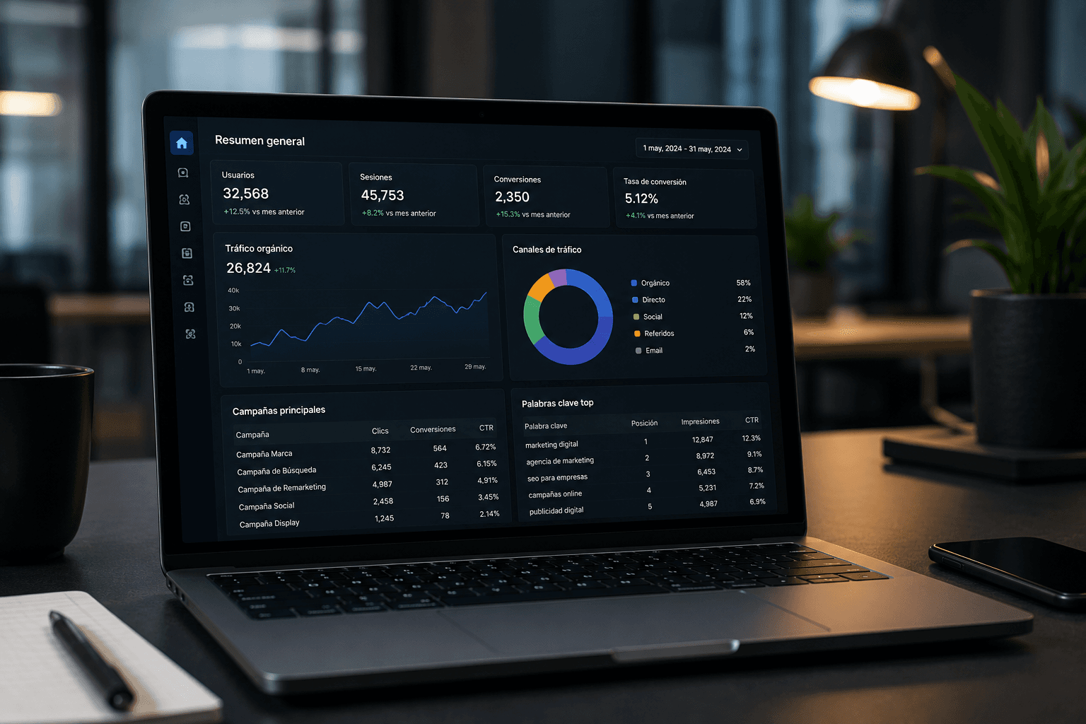 Estrategia digital, captación, SEO y planificación de landing pages.