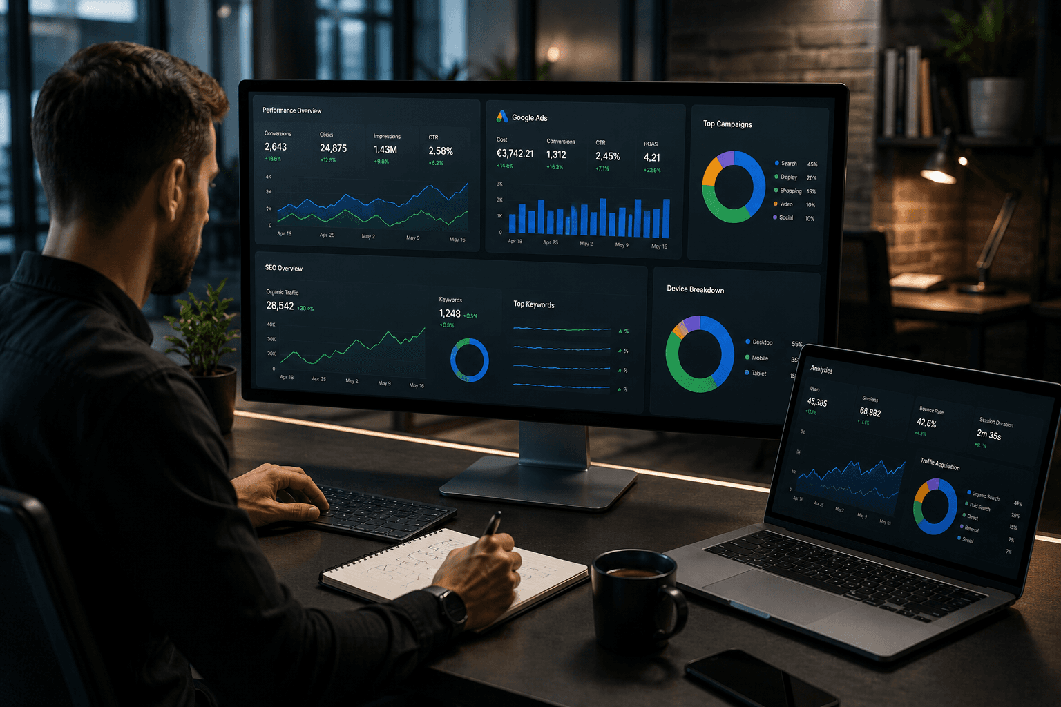 Estructura de campañas, recorridos de conversión y optimización de marketing digital.