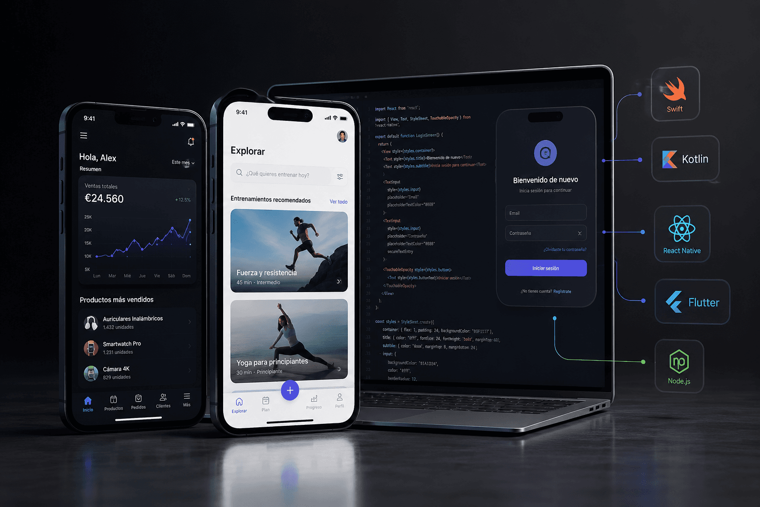 Desarrollo de apps para empresas con vista mobile, web y stack tecnológico.